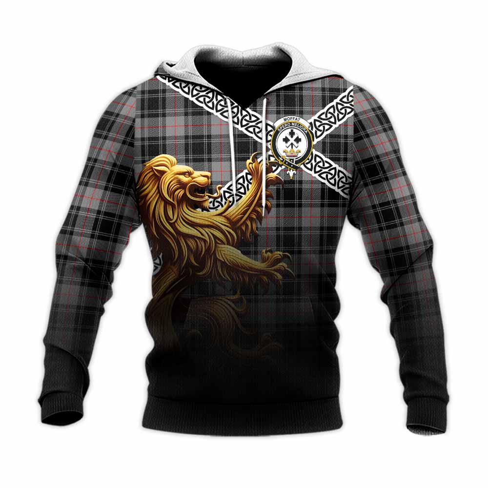 Tartan Vibes Clothing Moffat Crest Tartan Knitted Hoodie with Golden Lion Emblem Celtic Style
