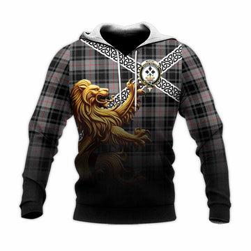 Moffat Crest Tartan Knitted Hoodie with Golden Lion Emblem Celtic Style