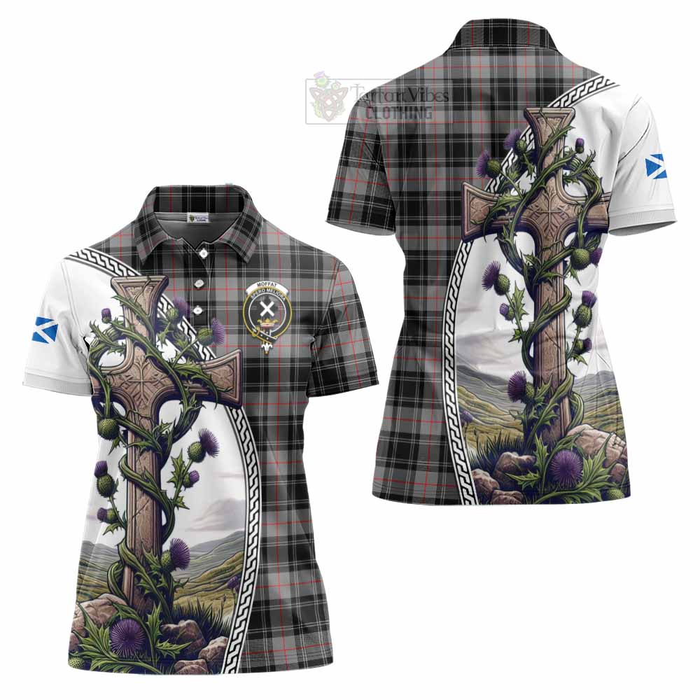 Tartan Vibes Clothing Moffat Tartan Women's Polo Shirt with Family Crest and St. Andrew's Cross Accented by Thistle Vines