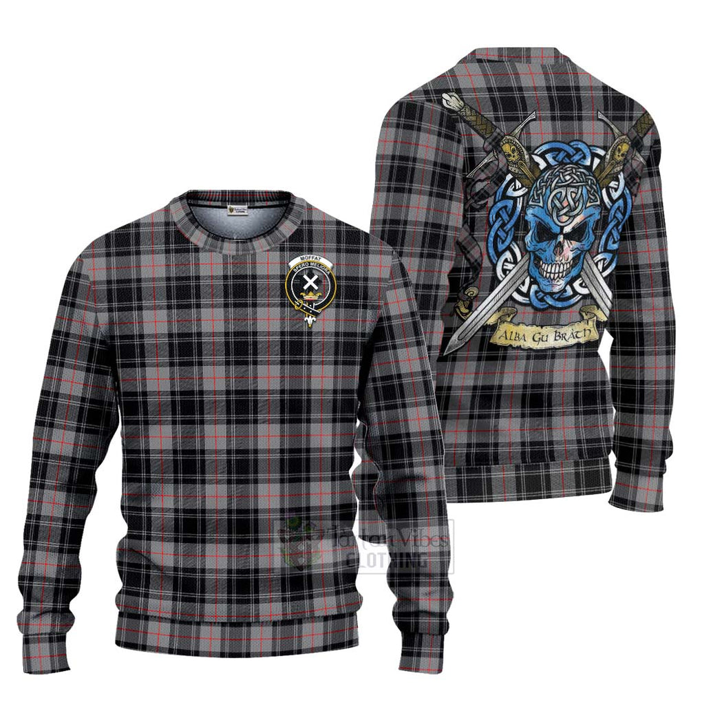 Tartan Vibes Clothing Moffat Tartan Knitted Sweater with Family Crest Celtic Skull Style