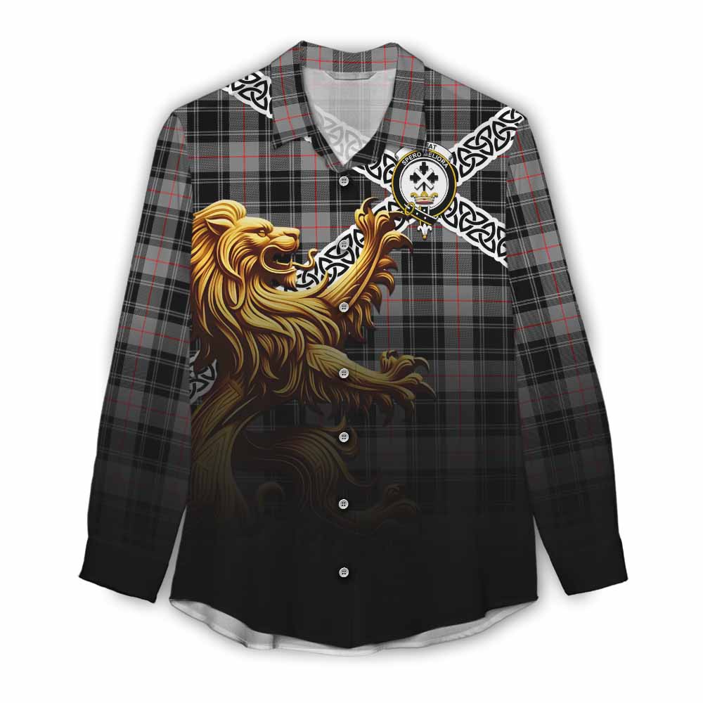 Tartan Vibes Clothing Moffat Crest Tartan Women's Casual Shirt with Golden Lion Emblem Celtic Style