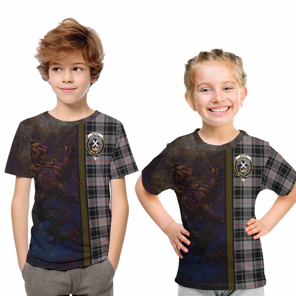Tartan Vibes Clothing Moffat Tartan Family Crest Kid T-Shirt Alba Gu Brath Be Brave Lion Ancient Style