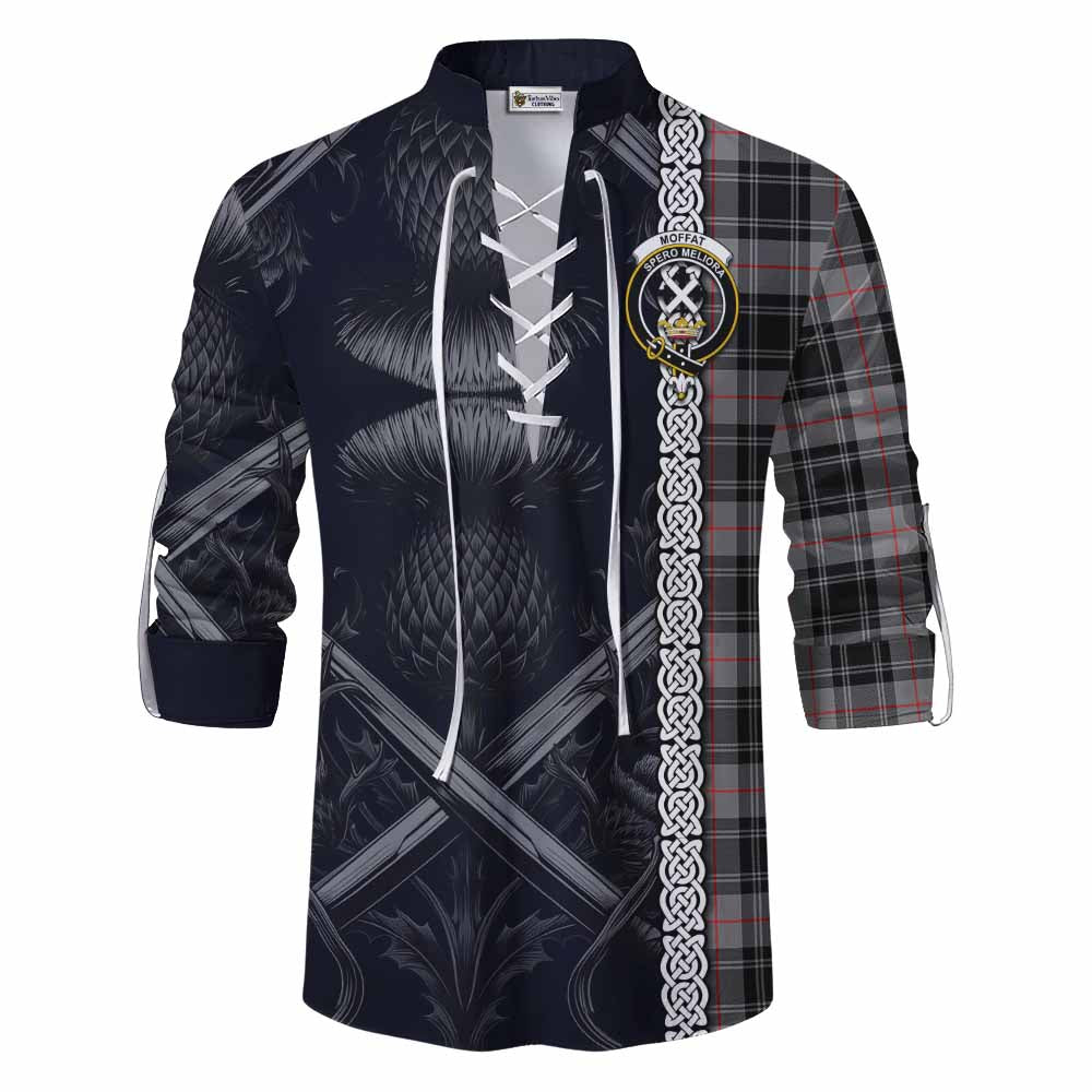 Tartan Vibes Clothing Moffat Tartan Ghillie Kilt Shirt with Family Crest Cross Sword Thistle Celtic Vibes