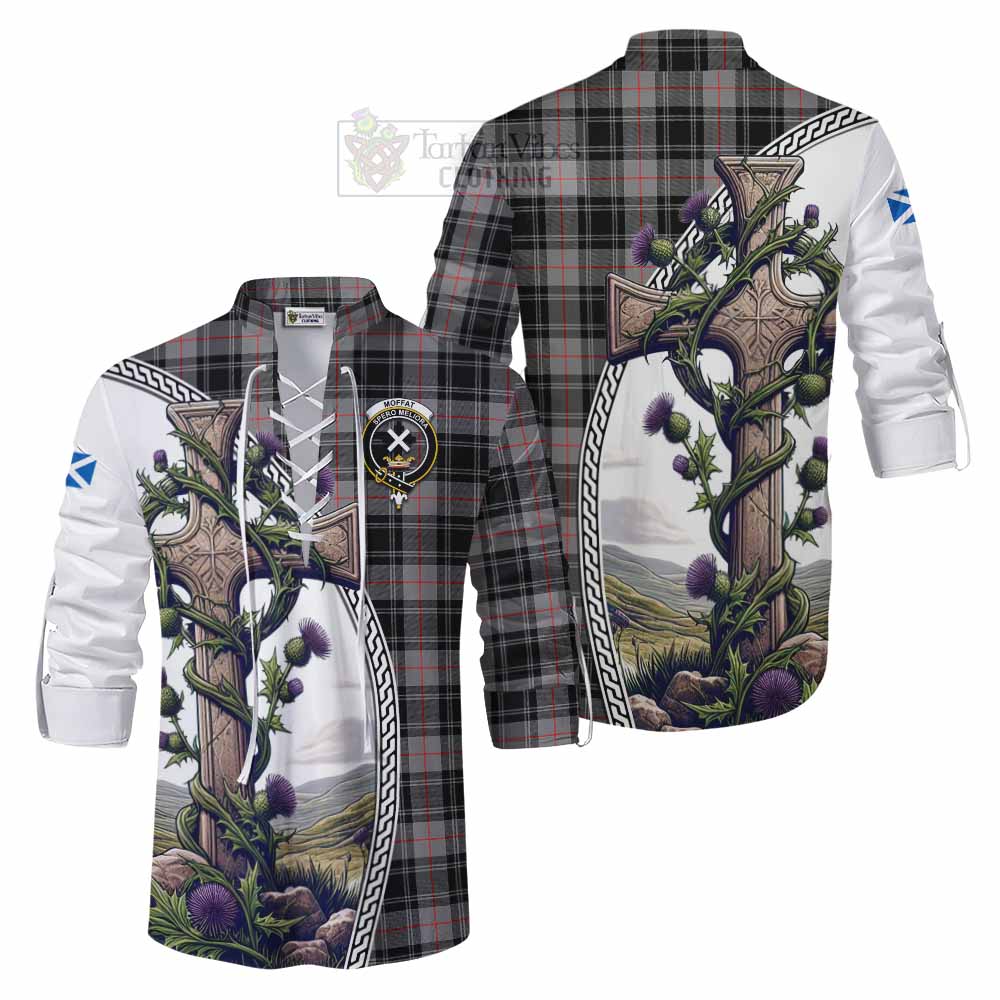 Tartan Vibes Clothing Moffat Tartan Ghillie Kilt Shirt with Family Crest and St. Andrew's Cross Accented by Thistle Vines