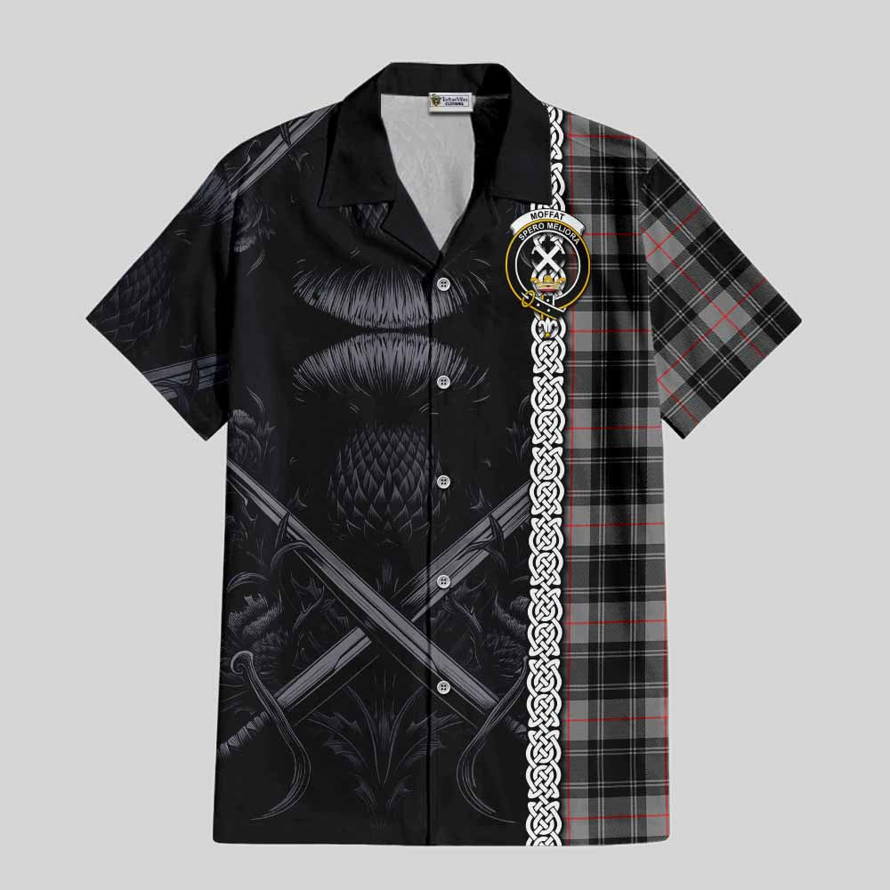 Tartan Vibes Clothing Moffat Tartan Short Sleeve Button Shirt with Family Crest Cross Sword Thistle Celtic Vibes