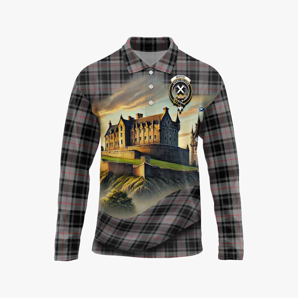 Tartan Vibes Clothing Moffat Tartan Family Crest Long Sleeve Polo Shirt with Scottish Ancient Castle Style