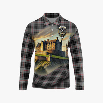 Moffat Tartan Family Crest Long Sleeve Polo Shirt with Scottish Ancient Castle Style