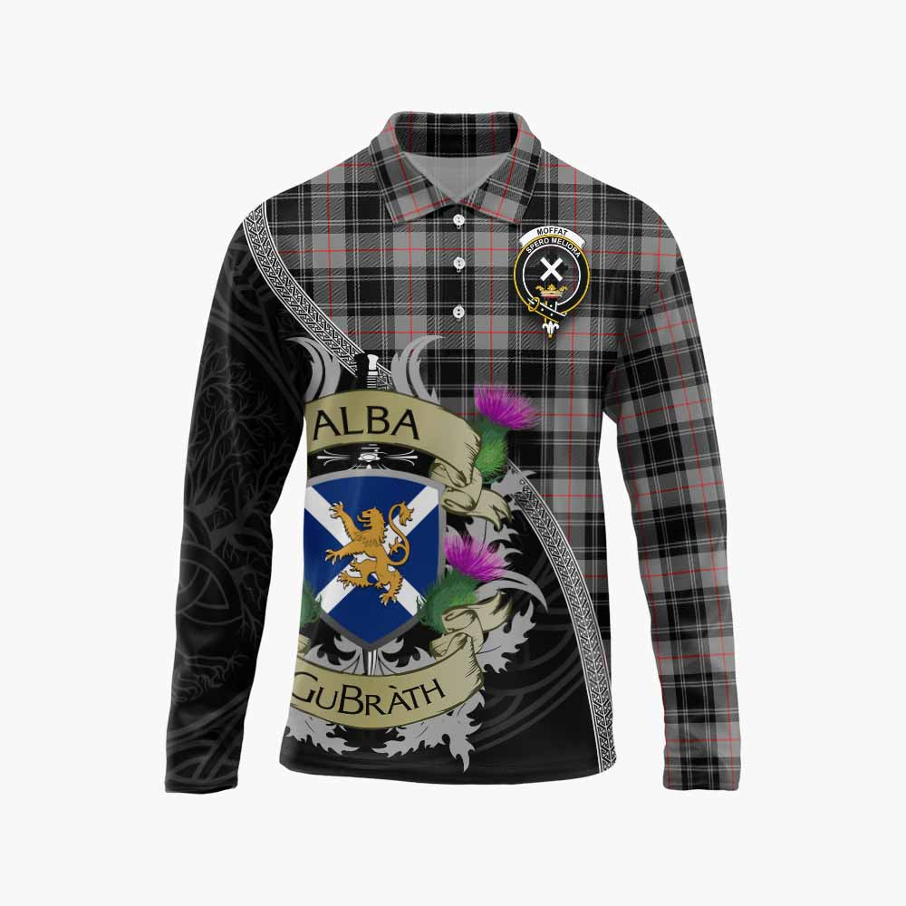 Tartan Vibes Clothing Moffat Tartan Family Crest Long Sleeve Polo Shirt Lion Rampant Royal Thistle Shield Celtic Inspired