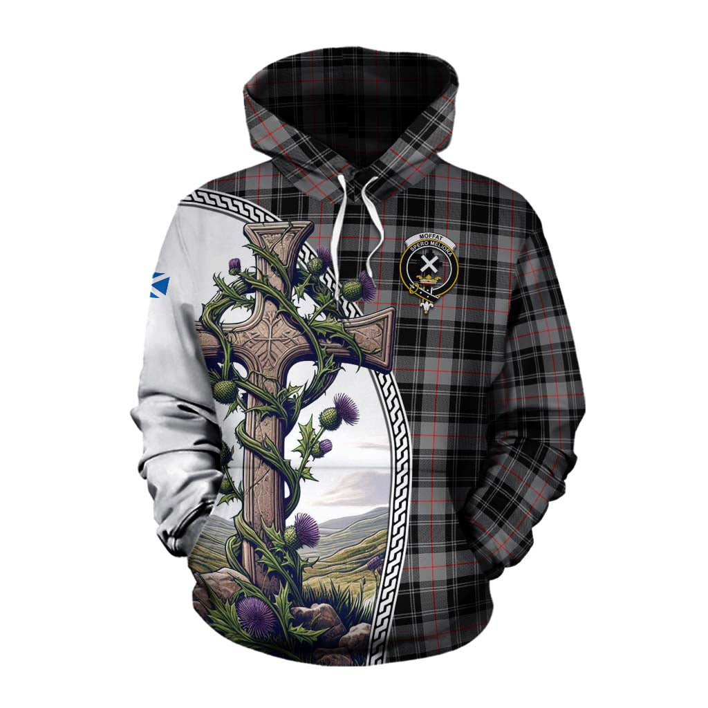 Tartan Vibes Clothing Moffat Tartan Cotton Hoodie with Family Crest and St. Andrew's Cross Accented by Thistle Vines
