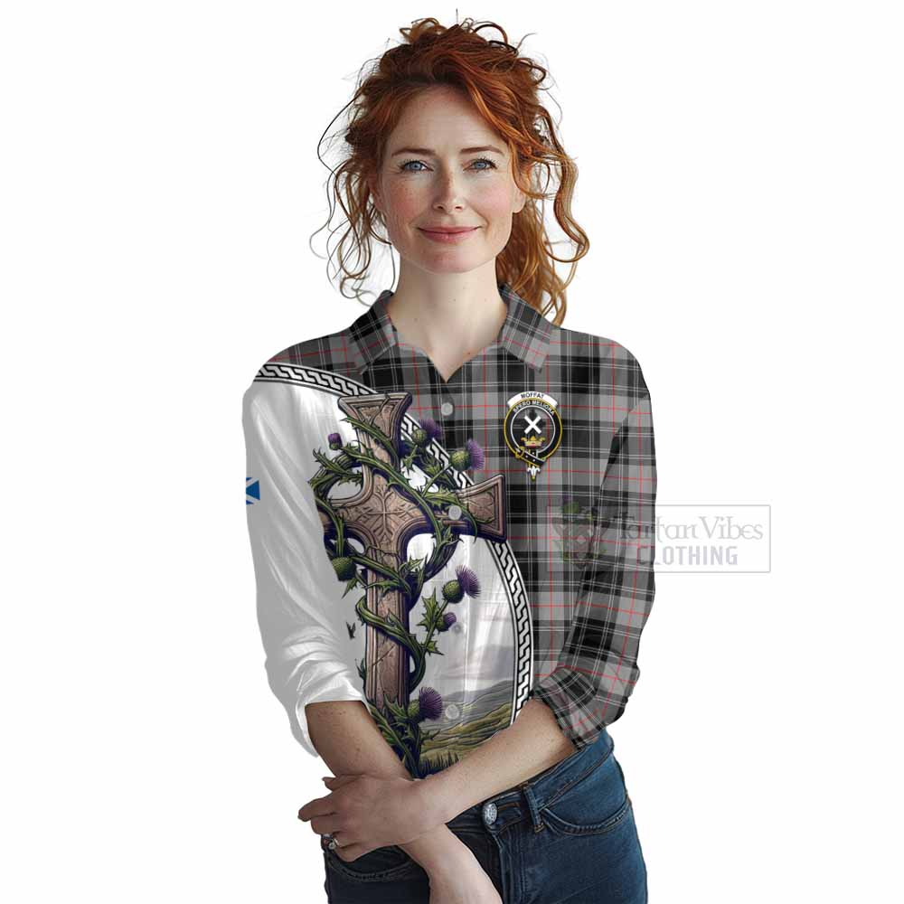 Tartan Vibes Clothing Moffat Tartan Women's Casual Shirt with Family Crest and St. Andrew's Cross Accented by Thistle Vines