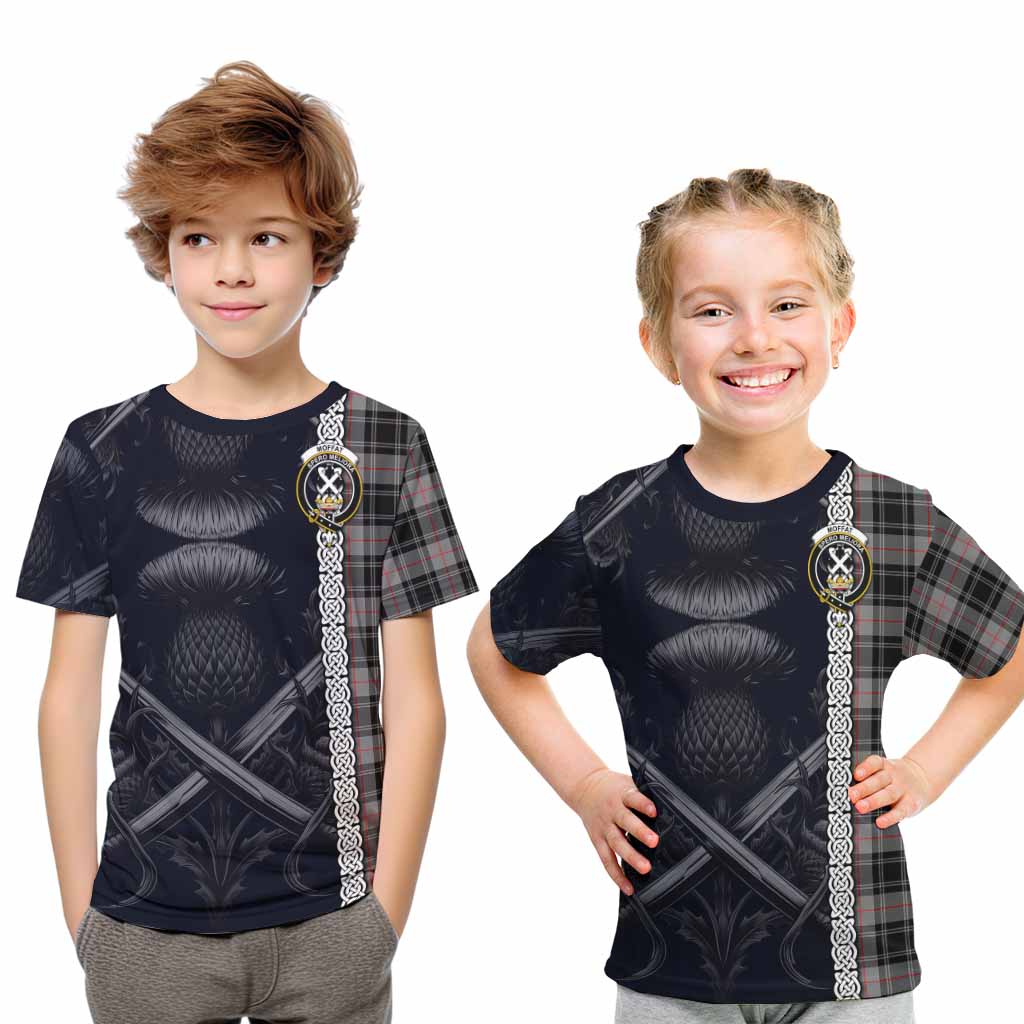 Tartan Vibes Clothing Moffat Tartan Kid T-Shirt with Family Crest Cross Sword Thistle Celtic Vibes