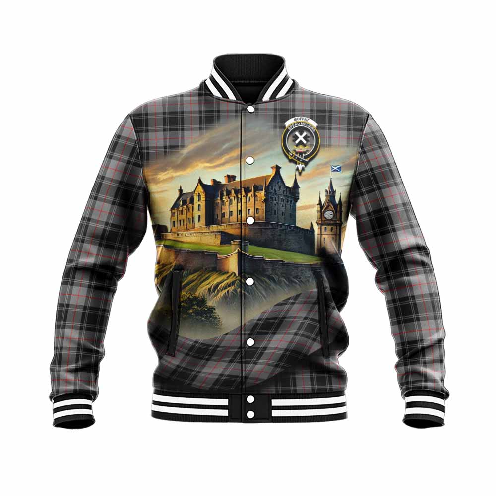 Tartan Vibes Clothing Moffat Tartan Family Crest Baseball Jacket with Scottish Ancient Castle Style