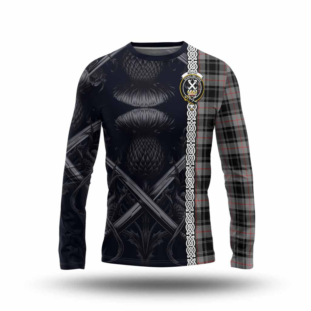 Tartan Vibes Clothing Moffat Tartan Long Sleeve T-Shirt with Family Crest Cross Sword Thistle Celtic Vibes