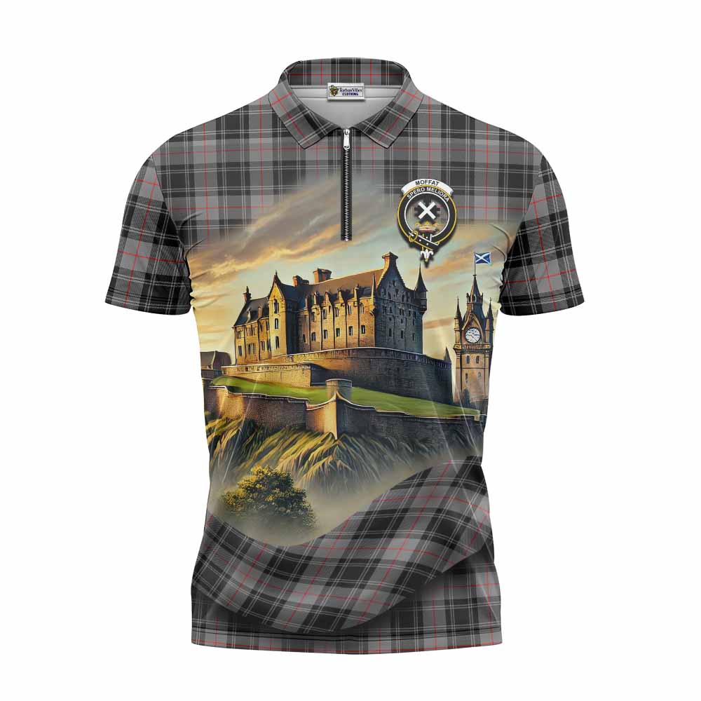 Tartan Vibes Clothing Moffat Tartan Family Crest Zipper Polo Shirt with Scottish Ancient Castle Stype