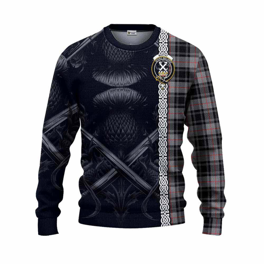 Tartan Vibes Clothing Moffat Tartan Knitted Sweater with Family Crest Cross Sword Thistle Celtic Vibes