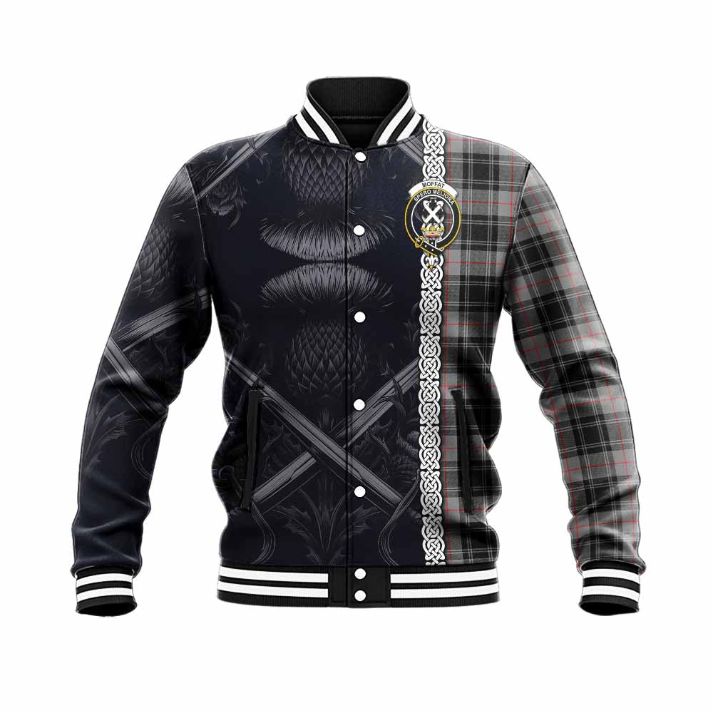Tartan Vibes Clothing Moffat Tartan Baseball Jacket with Family Crest Cross Sword Thistle Celtic Vibes