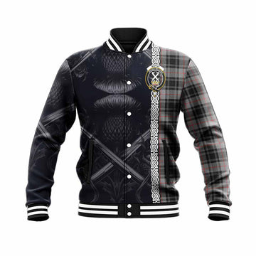 Tartan Vibes Clothing Moffat Tartan Baseball Jacket with Family Crest Cross Sword Thistle Celtic Vibes