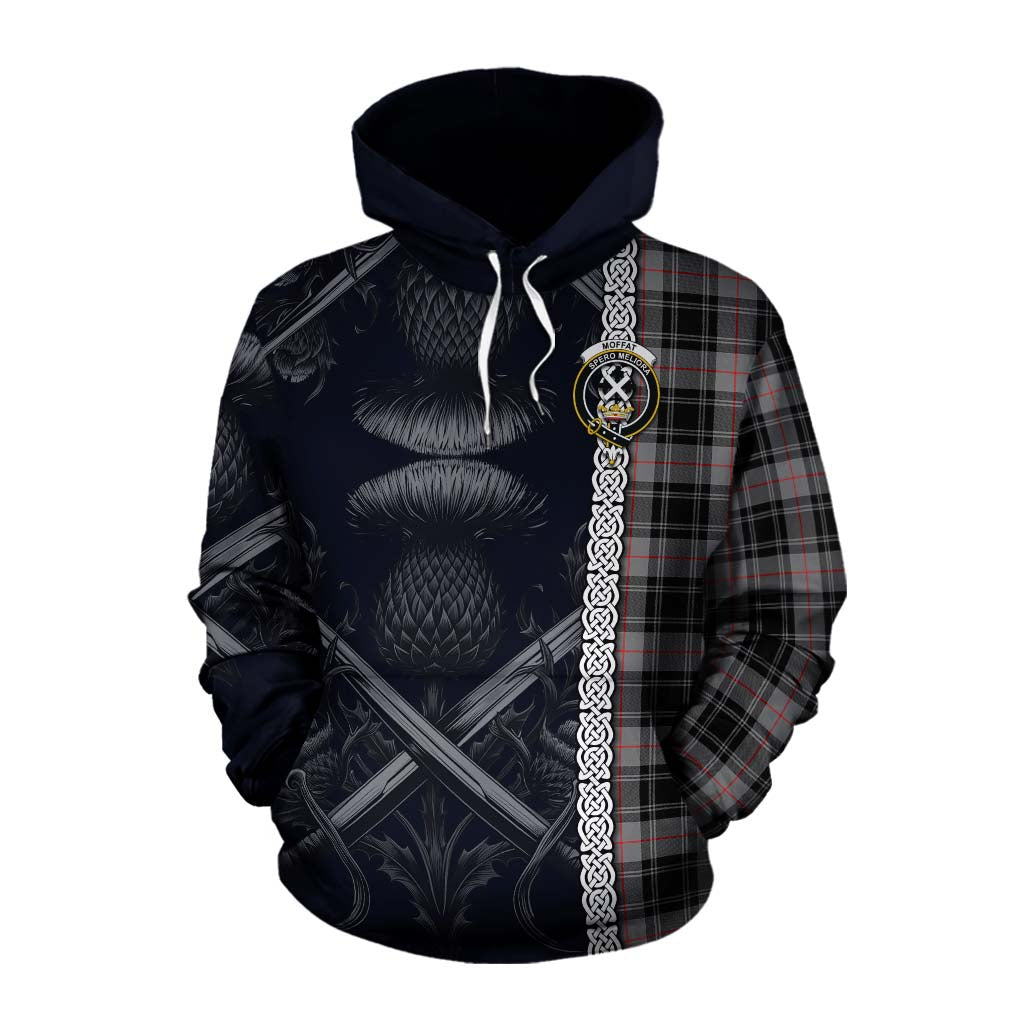 Tartan Vibes Clothing Moffat Tartan Cotton Hoodie with Family Crest Cross Sword Thistle Celtic Vibes