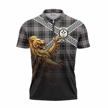 Moffat Crest Tartan Zipper Polo Shirt with Golden Lion Emblem Celtic Style