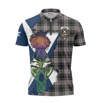 Moffat Tartan Family Crest Zipper Polo Shirt Scottish Thistle Celtic Inspired