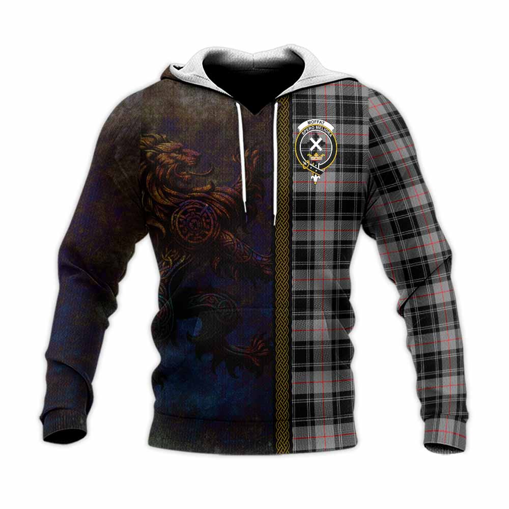 Tartan Vibes Clothing Moffat Tartan Family Crest Knitted Hoodie Alba Gu Brath Be Brave Lion Ancient Style