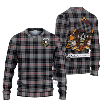 Tartan Vibes Clothing Moffat Tartan Knitted Sweater with Family Crest and Bearded Skull Holding Bottles of Whiskey