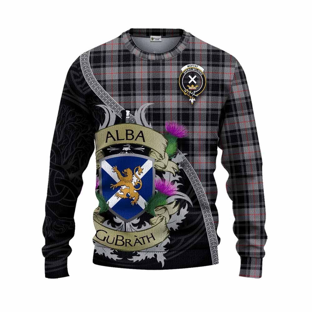 Tartan Vibes Clothing Moffat Tartan Family Crest Knitted Sweater Lion Rampant Royal Thistle Shield Celtic Inspired