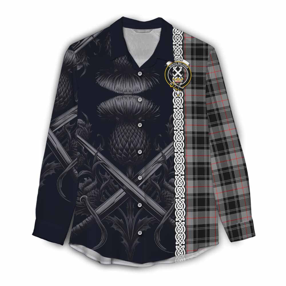Tartan Vibes Clothing Moffat Tartan Women's Casual Shirt with Family Crest Cross Sword Thistle Celtic Vibes
