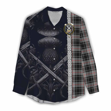 Tartan Vibes Clothing Moffat Tartan Women's Casual Shirt with Family Crest Cross Sword Thistle Celtic Vibes