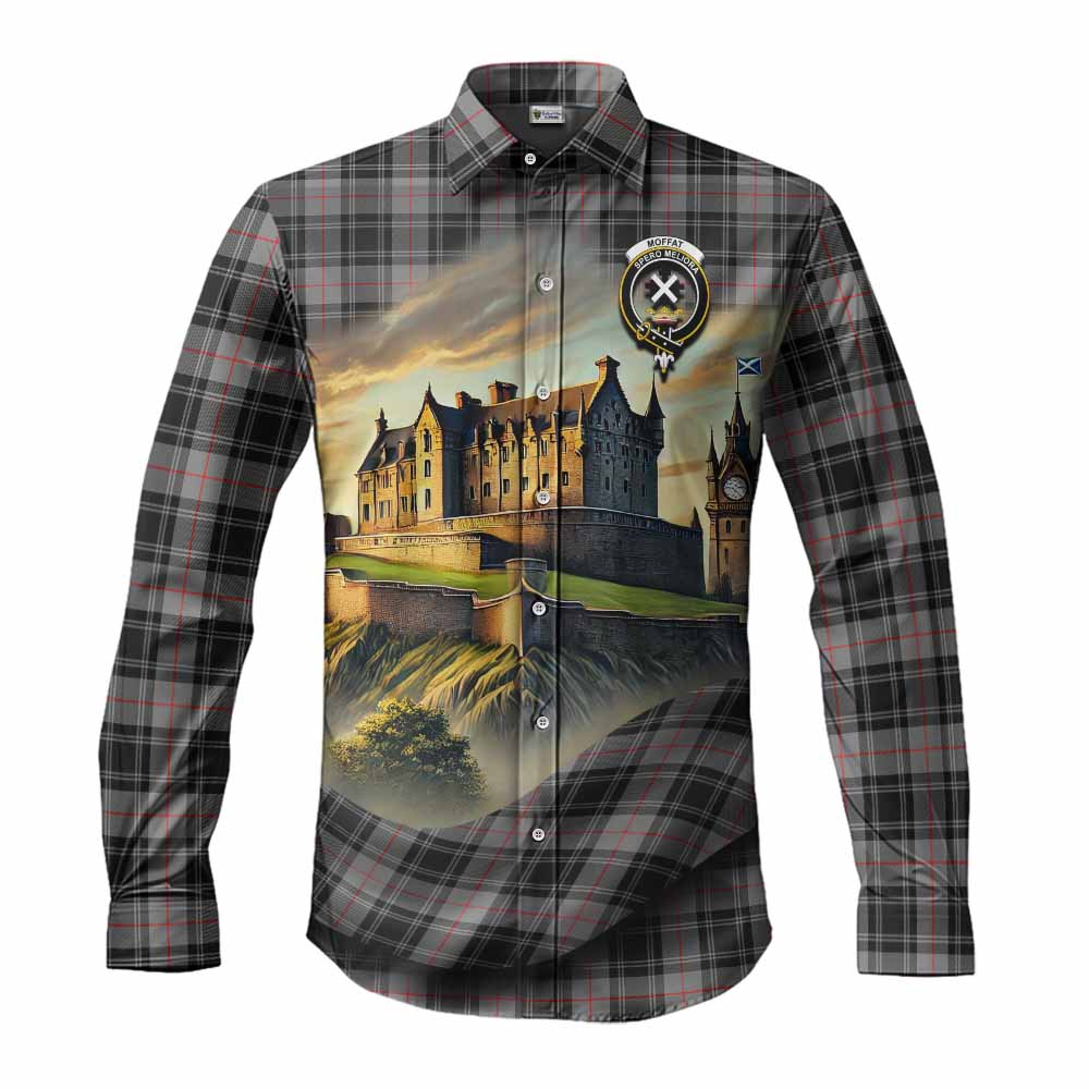 Tartan Vibes Clothing Moffat Tartan Family Crest Long Sleeve Button Shirt with Scottish Ancient Castle Style
