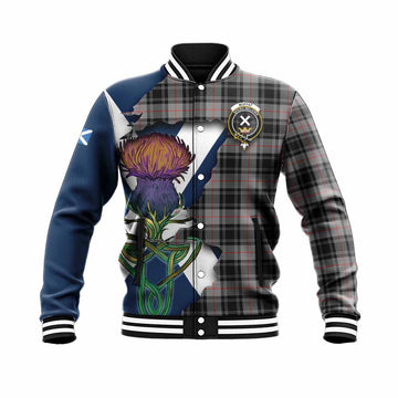 Tartan Vibes Clothing Moffat Tartan Family Crest Baseball Jacket Scottish Thistle Celtic Inspired