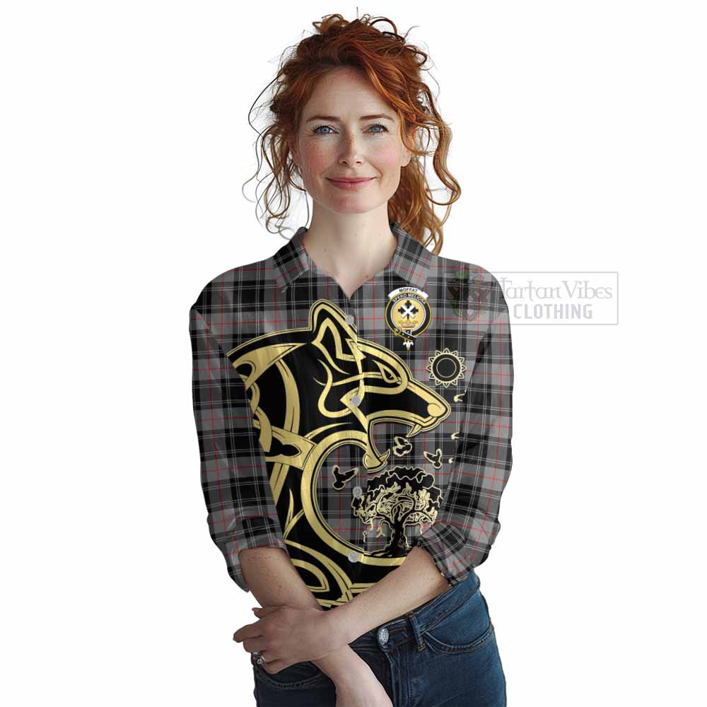 Tartan Vibes Clothing Moffat Tartan Women's Casual Shirt with Family Crest Celtic Wolf Style