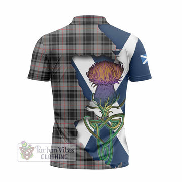 Moffat Tartan Family Crest Zipper Polo Shirt Scottish Thistle Celtic Inspired