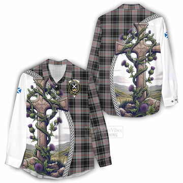 Tartan Vibes Clothing Moffat Tartan Women's Casual Shirt with Family Crest and St. Andrew's Cross Accented by Thistle Vines