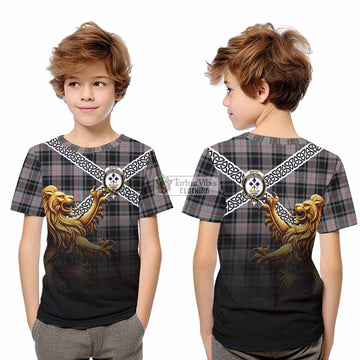 Tartan Vibes Clothing Moffat Crest Tartan Kid T-Shirt with Golden Lion Emblem Celtic Style
