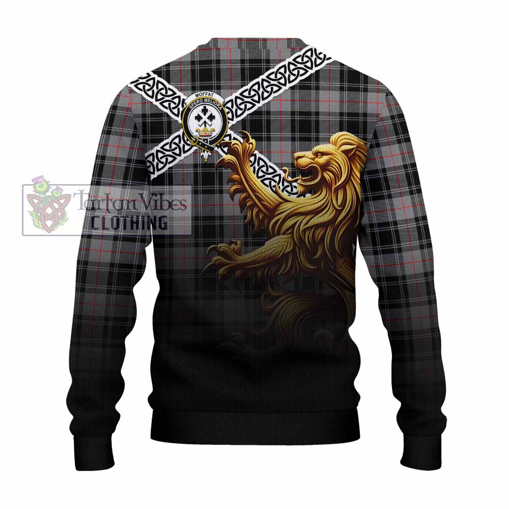 Tartan Vibes Clothing Moffat Crest Tartan Knitted Sweater with Golden Lion Emblem Celtic Style