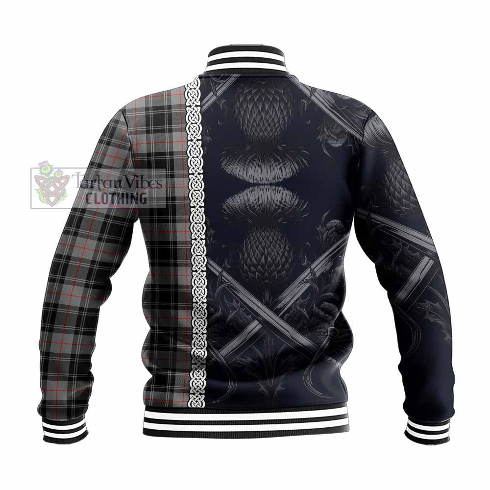 Tartan Vibes Clothing Moffat Tartan Baseball Jacket with Family Crest Cross Sword Thistle Celtic Vibes