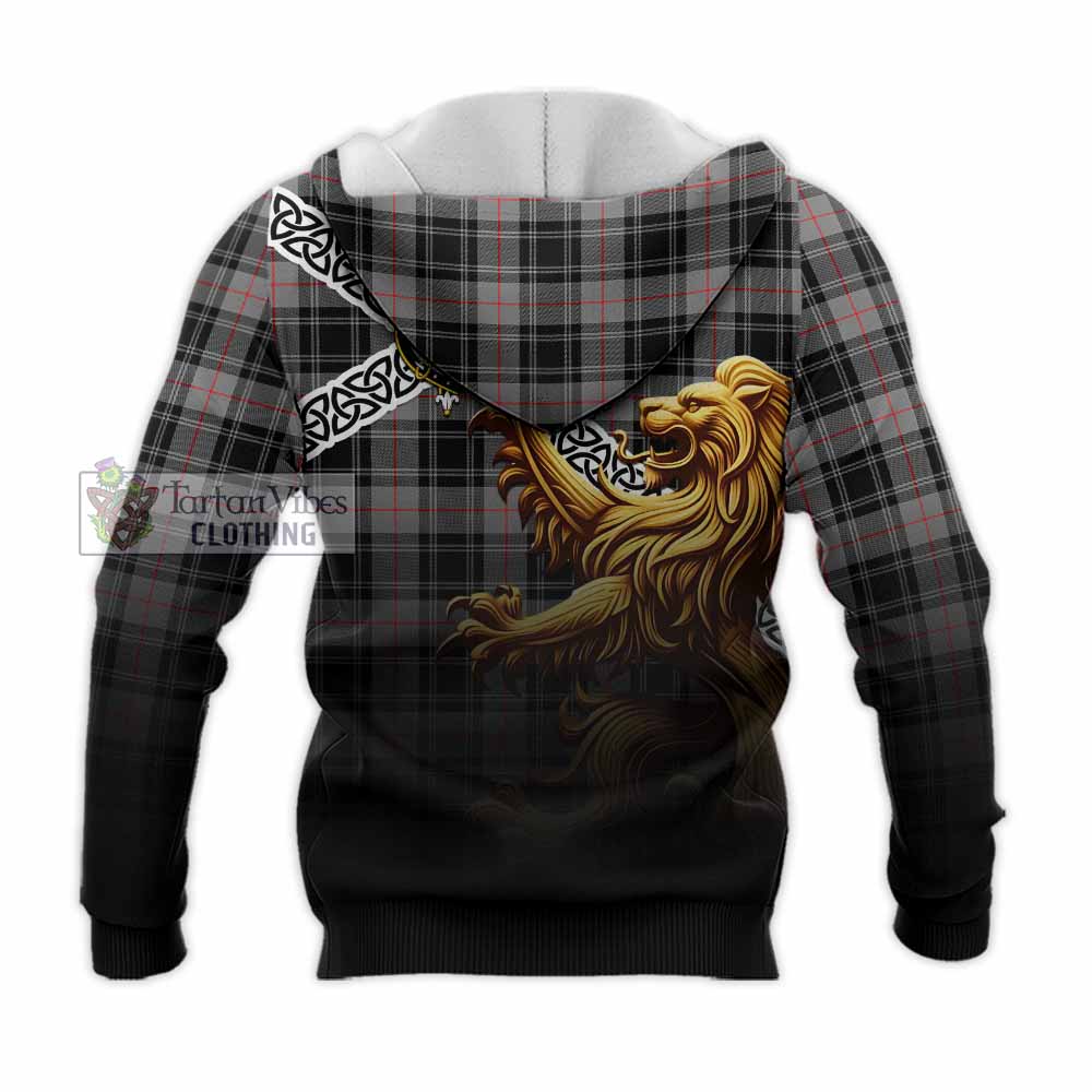 Tartan Vibes Clothing Moffat Crest Tartan Knitted Hoodie with Golden Lion Emblem Celtic Style