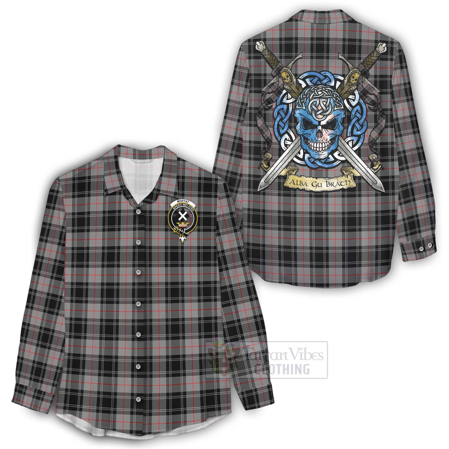 Tartan Vibes Clothing Moffat Tartan Women's Casual Shirt with Family Crest Celtic Skull Style