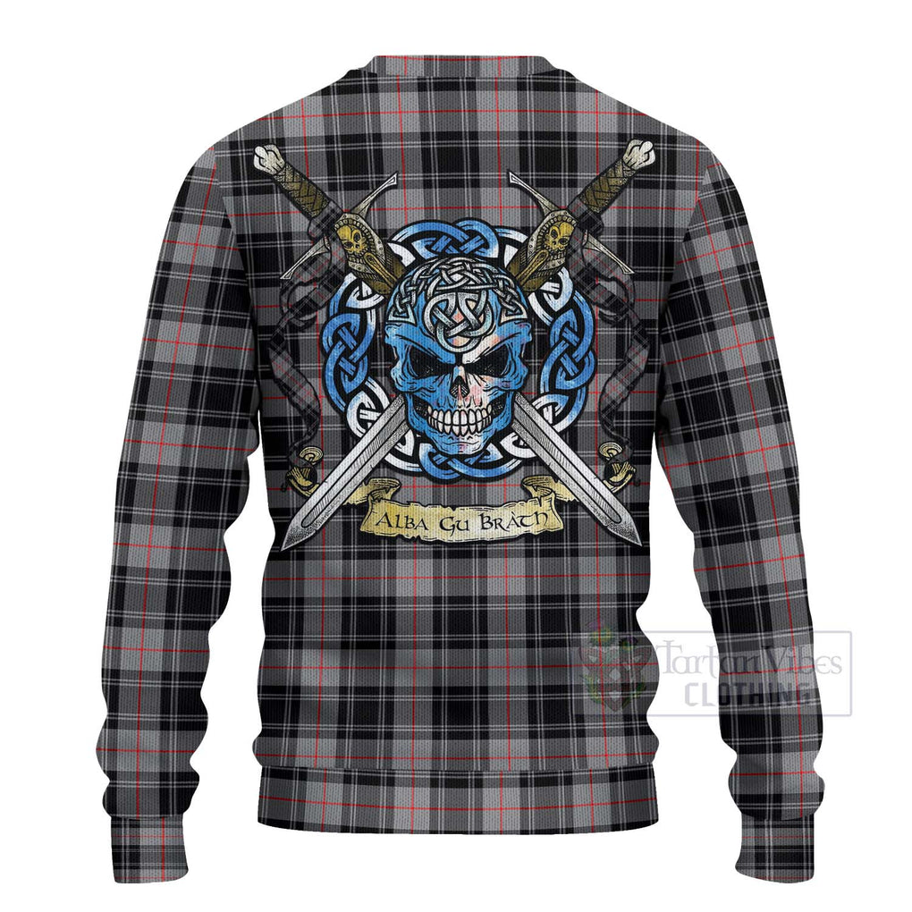 Tartan Vibes Clothing Moffat Tartan Knitted Sweater with Family Crest Celtic Skull Style