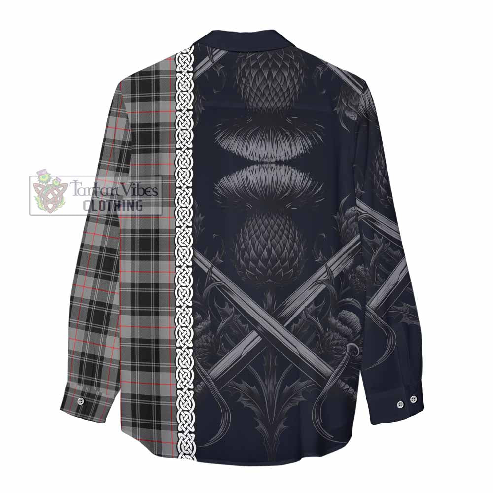 Tartan Vibes Clothing Moffat Tartan Women's Casual Shirt with Family Crest Cross Sword Thistle Celtic Vibes