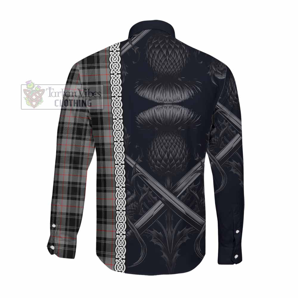 Tartan Vibes Clothing Moffat Tartan Long Sleeve Button Shirt with Family Crest Cross Sword Thistle Celtic Vibes