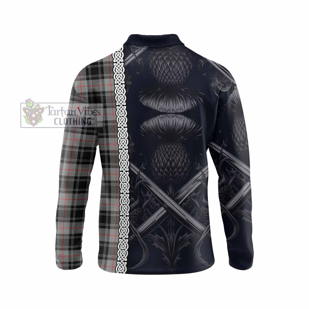 Tartan Vibes Clothing Moffat Tartan Long Sleeve Polo Shirt with Family Crest Cross Sword Thistle Celtic Vibes