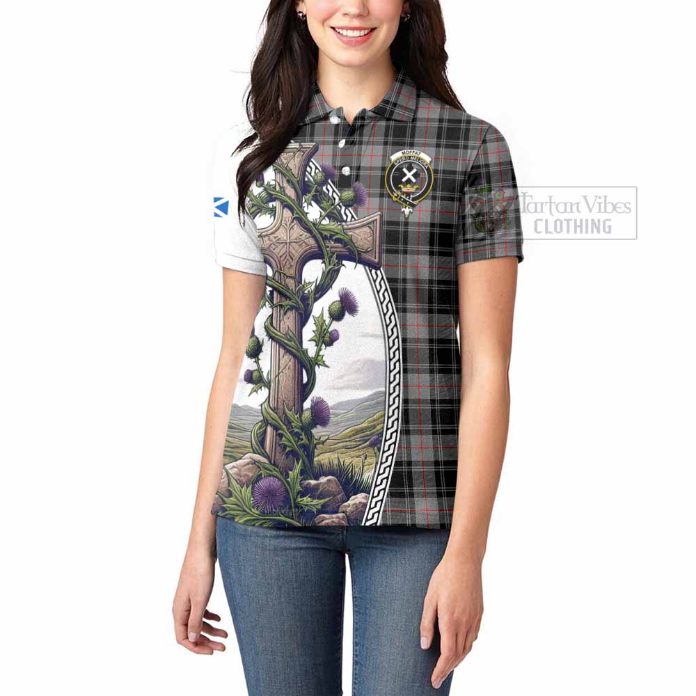 Tartan Vibes Clothing Moffat Tartan Women's Polo Shirt with Family Crest and St. Andrew's Cross Accented by Thistle Vines
