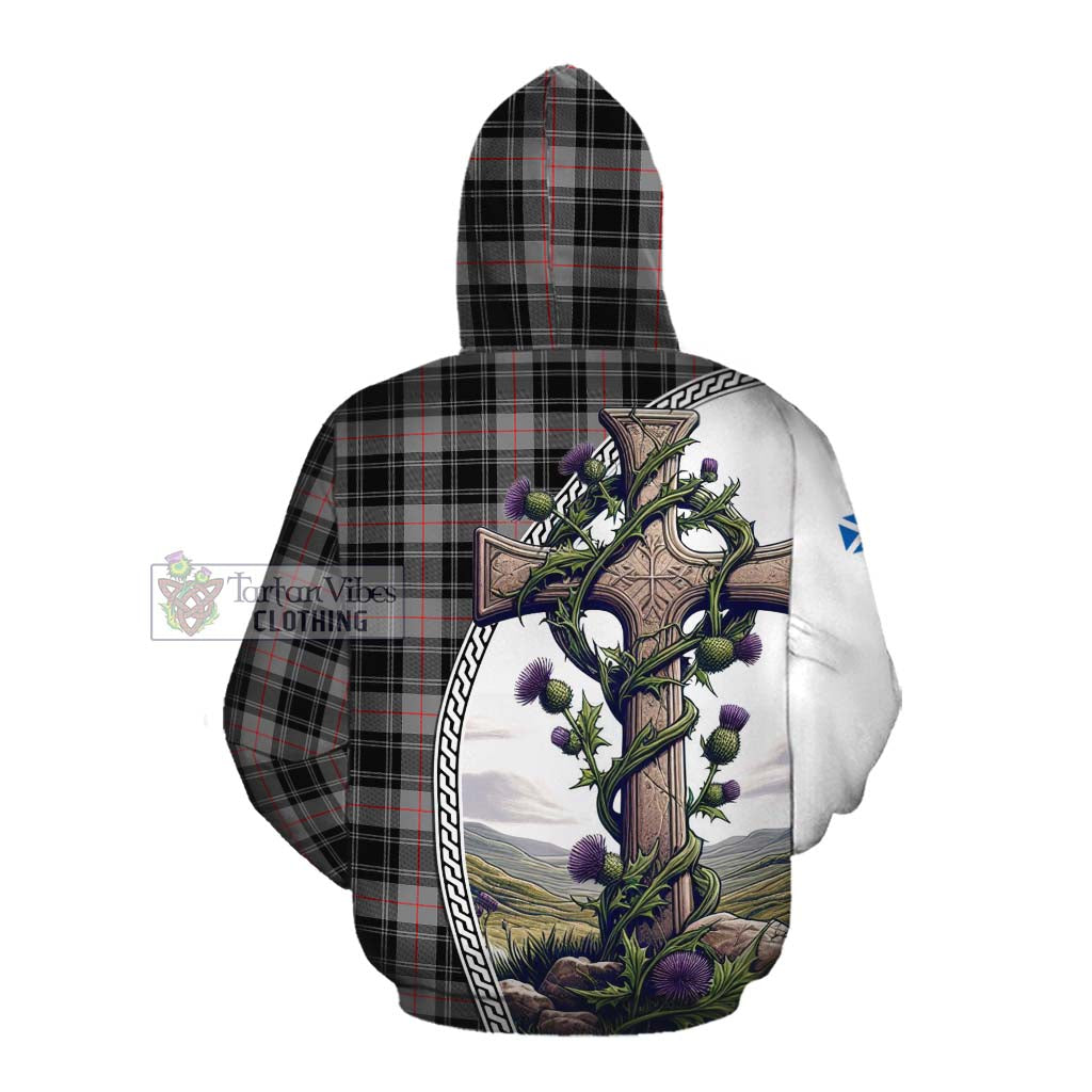 Tartan Vibes Clothing Moffat Tartan Cotton Hoodie with Family Crest and St. Andrew's Cross Accented by Thistle Vines
