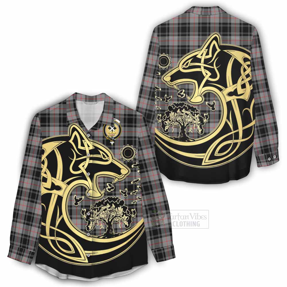 Tartan Vibes Clothing Moffat Tartan Women's Casual Shirt with Family Crest Celtic Wolf Style