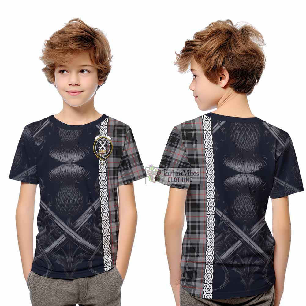 Tartan Vibes Clothing Moffat Tartan Kid T-Shirt with Family Crest Cross Sword Thistle Celtic Vibes