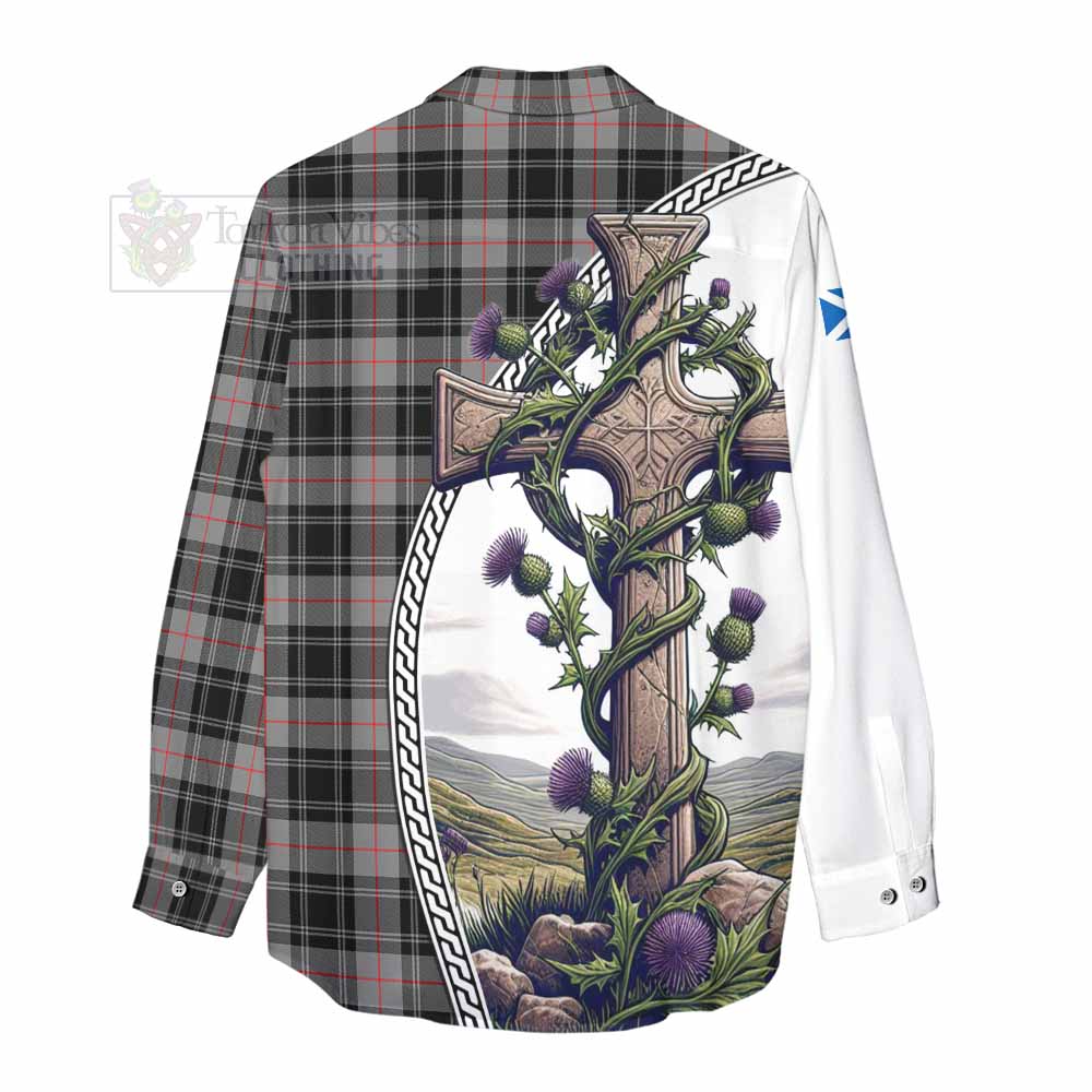 Tartan Vibes Clothing Moffat Tartan Women's Casual Shirt with Family Crest and St. Andrew's Cross Accented by Thistle Vines