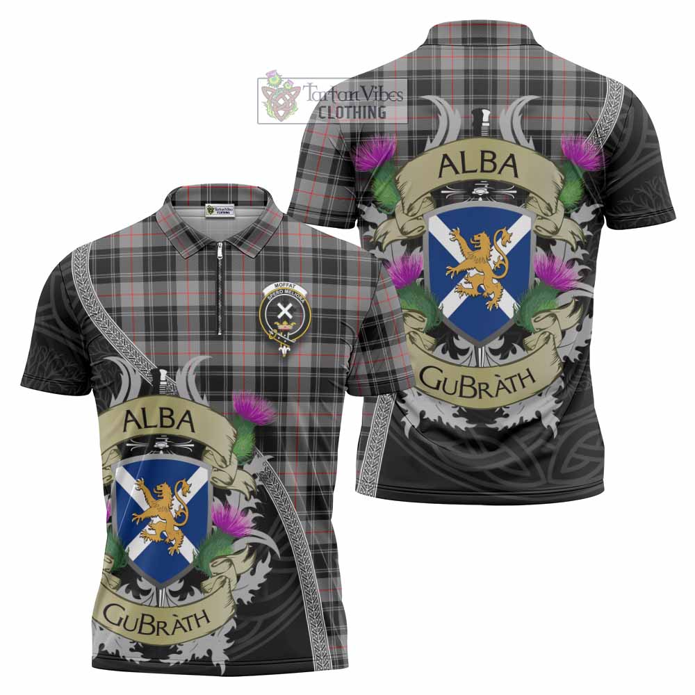 Tartan Vibes Clothing Moffat Tartan Family Crest Zipper Polo Shirt Lion Rampant Royal Thistle Shield Celtic Inspired