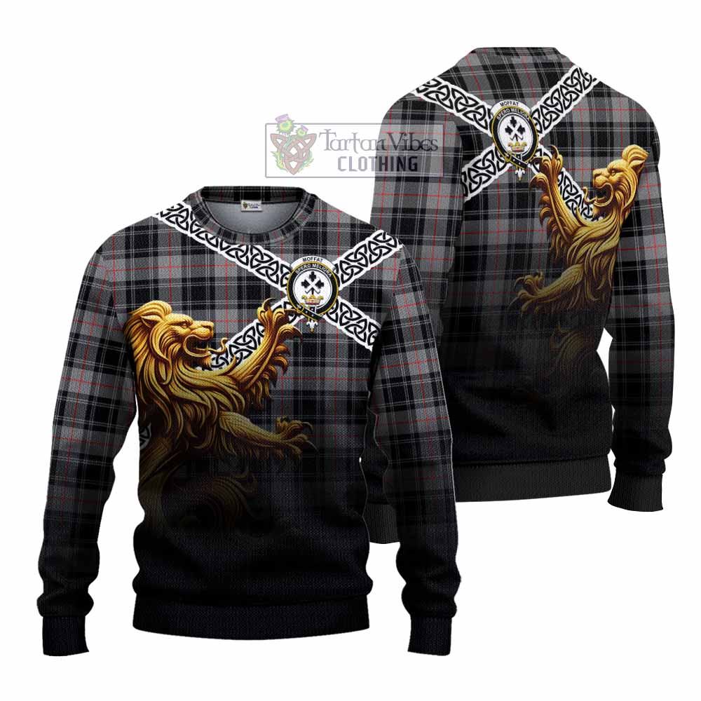 Tartan Vibes Clothing Moffat Crest Tartan Knitted Sweater with Golden Lion Emblem Celtic Style